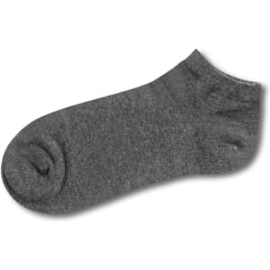 A pair of dark grey ankle socks displayed on a white background, featuring a simple design and seamless cuff.