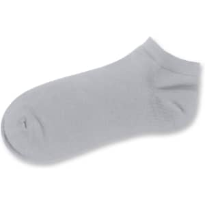 A grey ankle sock with a soft texture and a logo on the side.