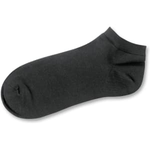 A black ankle sock with a smooth texture and a ribbed cuff, featuring a logo on the side.