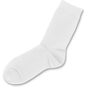 A single white sock, featuring a smooth texture and a simple design, with a logo on the side.