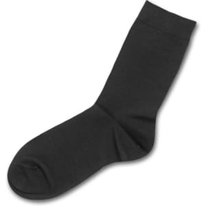 A black sock with a smooth texture, featuring a simple design and a logo.