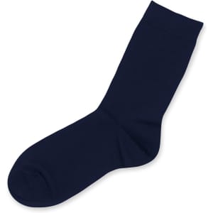 Navy blue business sock with a solid design, featuring a logo on the side.