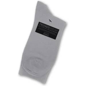 A pair of light grey socks with a logo and a label indicating size small.