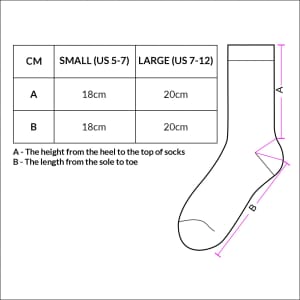 A diagram detailing sizing information for June Business Socks, with measurements in centimetres for small and large sizes.