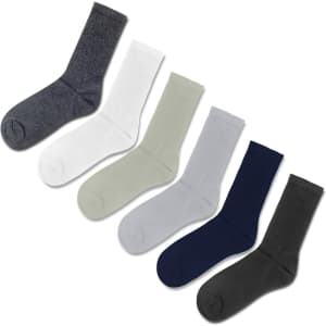 A set of five crew socks in dark grey, white, light green, light grey, navy, and dark green, each with a logo.