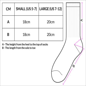 A diagram of socks with size measurements for small and large, including dimensions in centimetres.