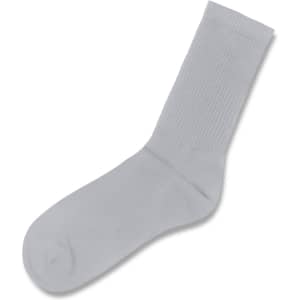 Light grey crew sock featuring a ribbed upper and a rounded toe, with a logo present.
