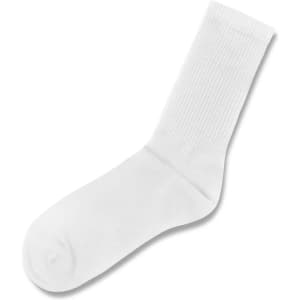A pair of white crew socks with a ribbed pattern and a smooth finish, featuring a logo on one side.