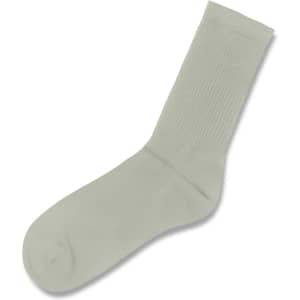 A pair of light green crew socks with a ribbed design and a smooth finish. Features a logo.