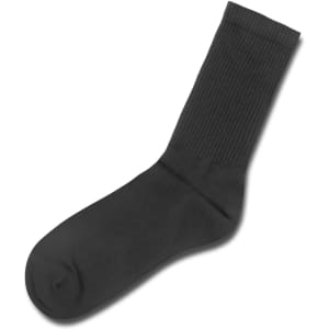A single black crew sock with a ribbed cuff, featuring a logo. Ideal for casual wear or layering.