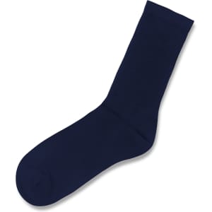 Navy crew socks with ribbed detailing and a solid design, featuring a logo on the side.