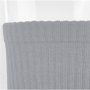 A pair of grey crew socks with a textured ribbed design, featuring a branding logo on the cuff.