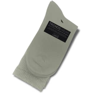 A pair of light grey crew socks with a branded label, displayed with a folded cuff.
