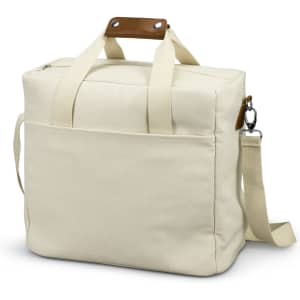 A cream cooler tote bag with a zip closure, sturdy handles, and a removable shoulder strap. It has a front pocket and branding.