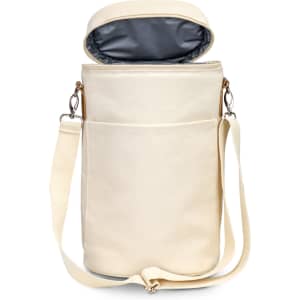 A double wine cooler bag in cream colour with a grey interior, featuring a shoulder strap and a front pocket.