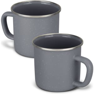 A matte grey enamel mug with a silver rim and a sturdy handle, displayed in a pair.