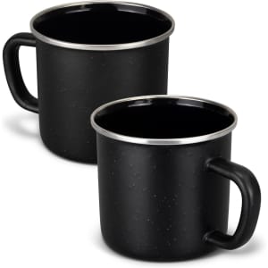 A matte black enamel mug with a silver rim and a sturdy handle, presented in a pair.