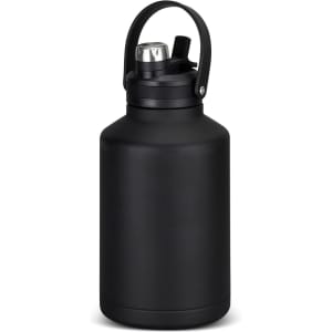 A drink bottle in matte black, featuring a handle and a screw-on lid, with a logo on the front.