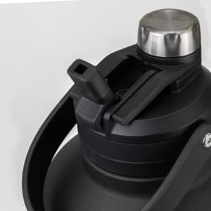 A drink bottle in black with a stainless steel cap and a detachable spout, featuring a sturdy handle and branding.