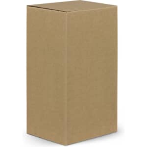 A drink bottle with a brown cardboard packaging, featuring a simple design and a logo.