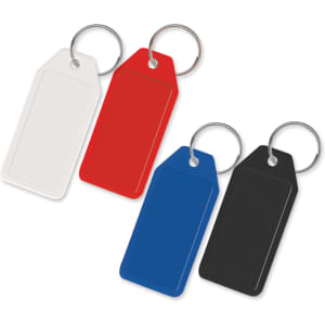 A set of four budget key rings in white, red, blue, and black, each with a metal keyring attachment.
