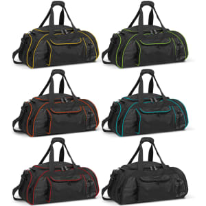 Six Horizon Duffle Bags in black, featuring coloured accents in green, orange, blue, and yellow. Each bag has multiple handles.