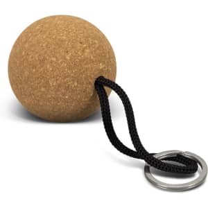 A round cork key ring with a black attachment loop and a metal keyring.