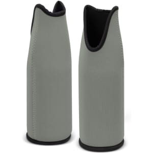 A drink bottle cooler in a muted green colour with a black trim, featuring a logo.