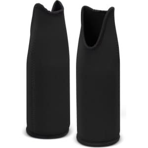 A drink bottle cooler in black, made from a sleek material with a streamlined design. Features a branding logo.