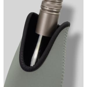 A drink bottle cooler in olive green, shaped to fit a wine bottle, with a smooth, stitched border and a metallic top.