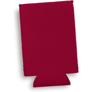 A maroon slim can cooler with stitching details and a bottom cutout, featuring a logo.