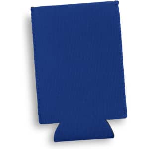 A drink bottle cooler in blue with a bottom cut-out and a simple design. It includes a logo.