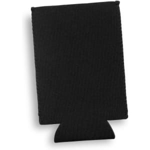 A black slim can cooler featuring a stitched edge and an opening at the bottom. It has a logo or branding.