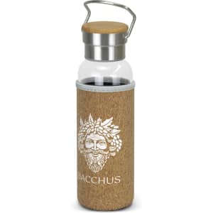 A drink bottle with a clear glass body, cork sleeve, and stainless steel lid, featuring a logo on the sleeve.