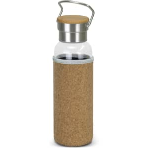 A drink bottle with a cork sleeve, clear glass body, and metal lid featuring a handle.