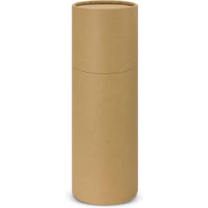 A cylindrical brown cardboard tube, designed for packaging, with a secured top and smooth surface.