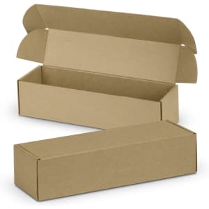 A brown die cut box with a locking lid, dimensions 295x76x76mm, displayed in an open position.