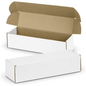 A white die cut box with a locking lid, featuring a brown interior. It is rectangular in shape.