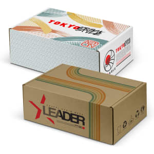 Two die cut boxes with locking lids, one featuring a colourful abstract design and the other in a brown colour with branding.