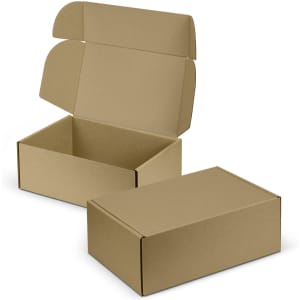 A brown die cut box with a locking lid, partially open, displayed next to a closed version of the box.