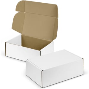 A white die cut box with a locking lid, featuring a plain brown interior, displayed open and closed.
