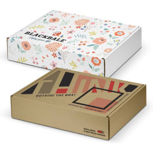 Two die cut boxes with locking lids, one featuring a floral design in white and the other in a bold graphic with brown tones.