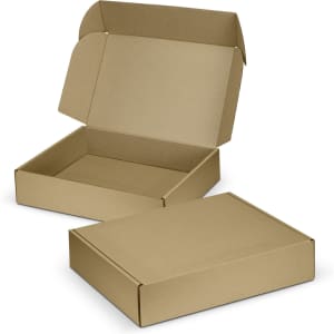 A brown die cut box with a locking lid, featuring an open and closed position for easy visibility.