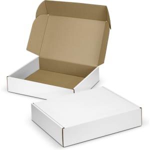 A white die cut box with a locking lid, opened to reveal a brown interior. It has a simple design and sturdy construction.