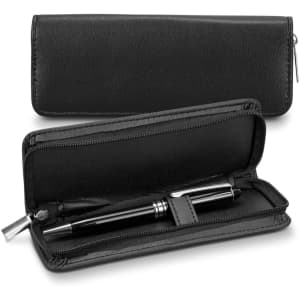 A sleek black presentation case for a pen, featuring a smooth exterior and a zip closure, containing a pen inside.