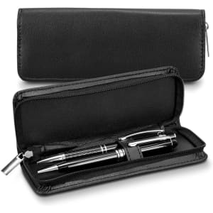 A black zippered pen presentation case featuring two pens inside, with a textured exterior and a smooth interior.