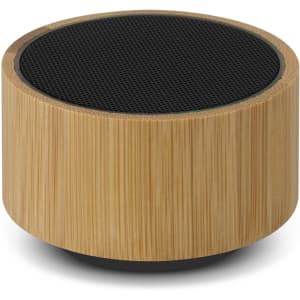 A bamboo Bluetooth speaker with a round design and black speaker mesh on top. It has a natural wood finish.
