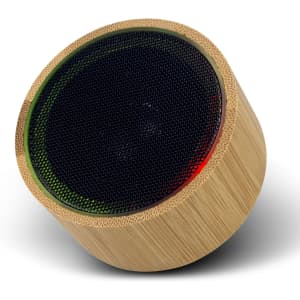 A Bamboo Bluetooth speaker featuring a round design with a black mesh speaker grille and a natural bamboo finish.