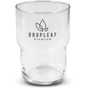 A clear glass tumbler featuring a logo, designed with a stackable shape, holds 460ml.