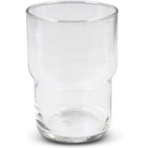 A clear stackable glass tumbler with a smooth, modern design, featuring a rounded upper section and a sturdy base.